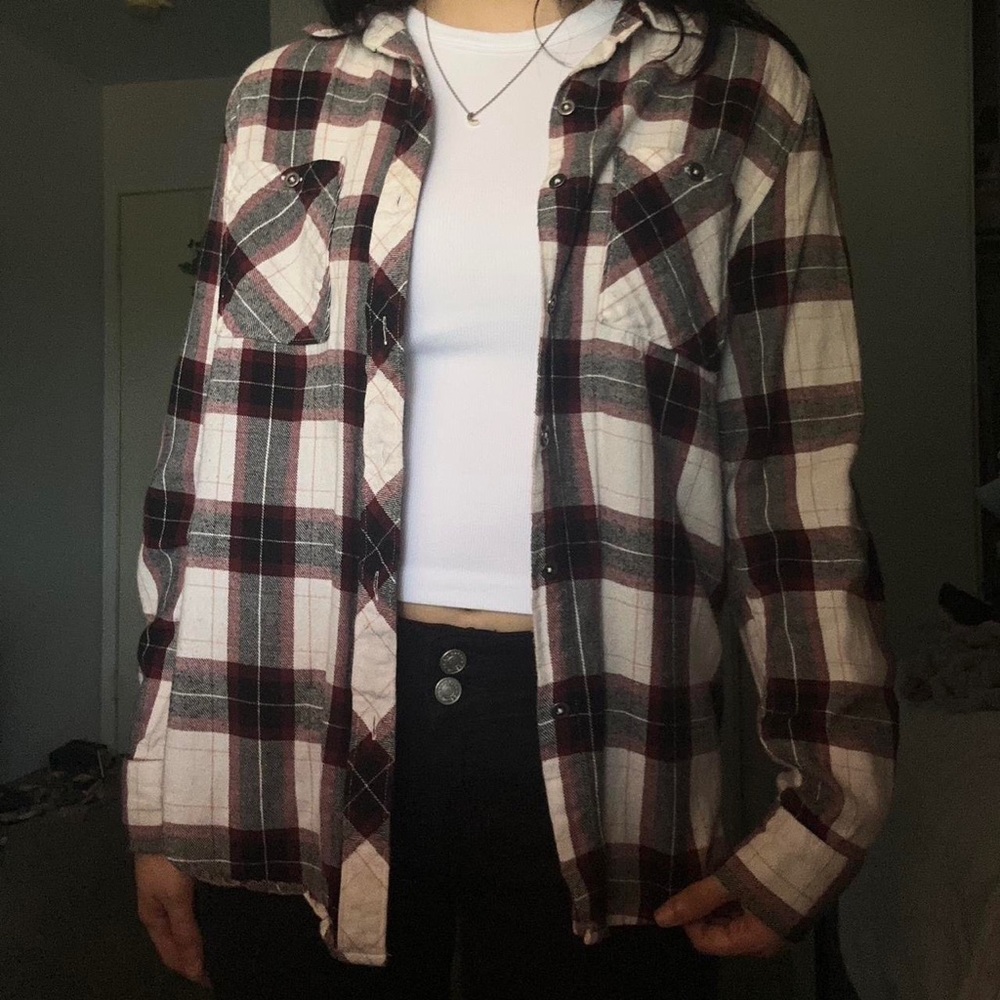 Red, black, and white long sleeve flannel